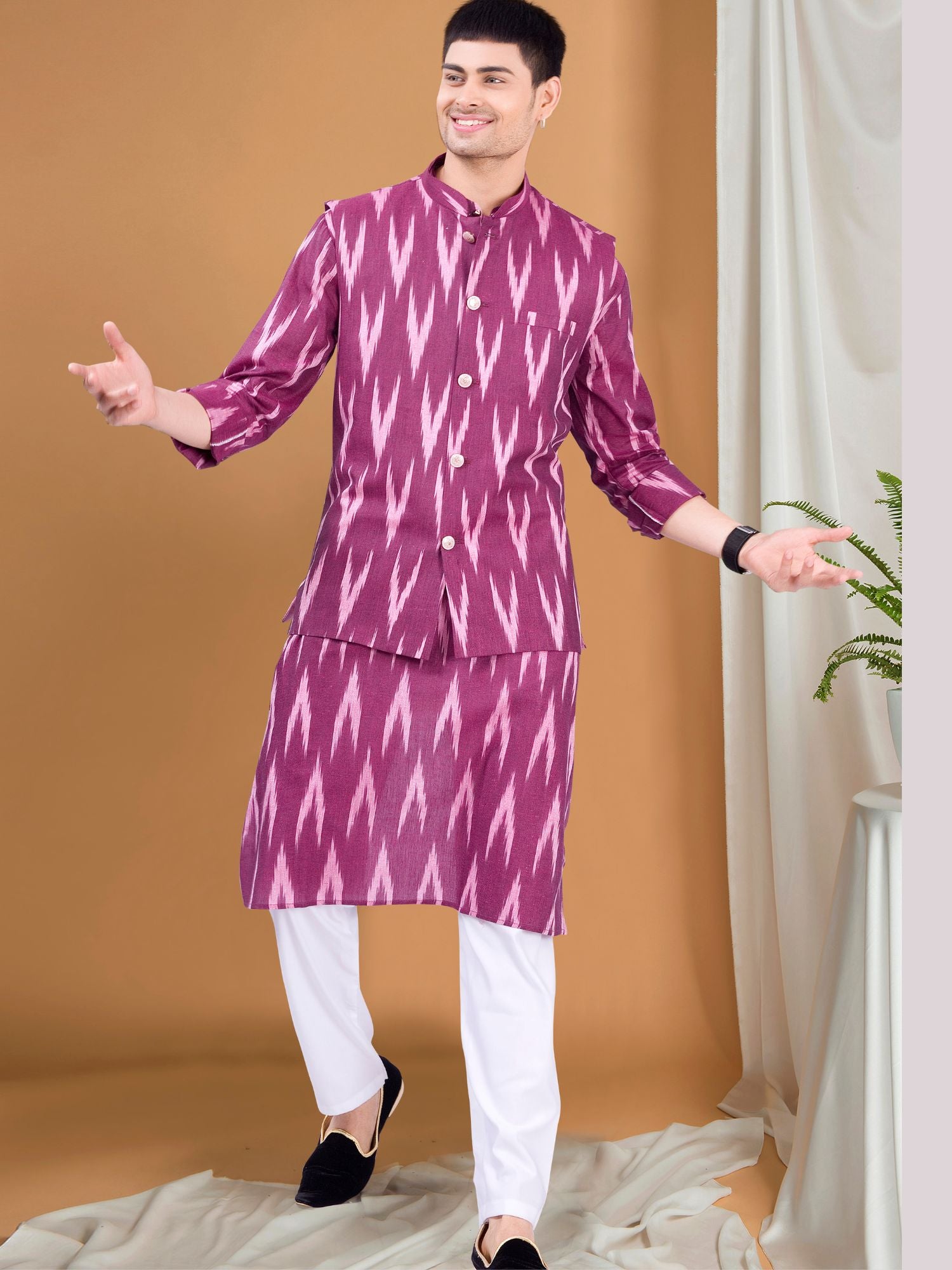 Rich Maroon Ikat Print Kurta Jacket Set