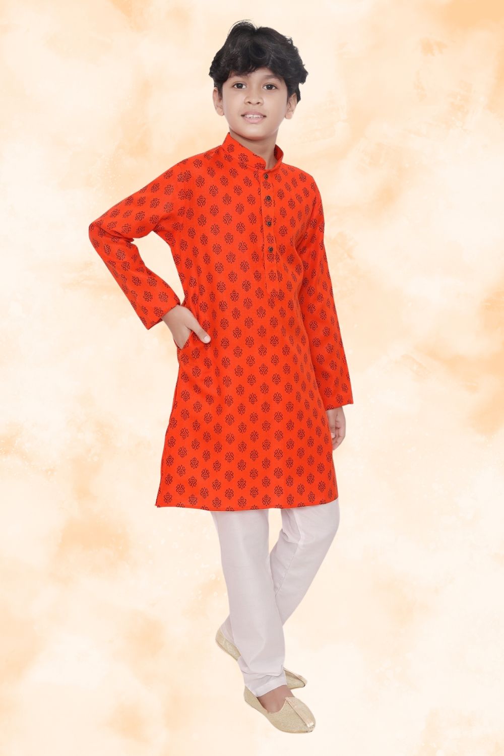 Apricot Orange Hloom Printed Cotton Kurta