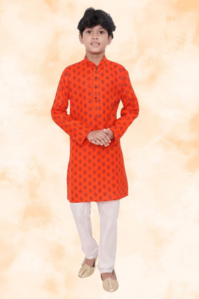 Apricot Orange Hloom Printed Cotton Kurta