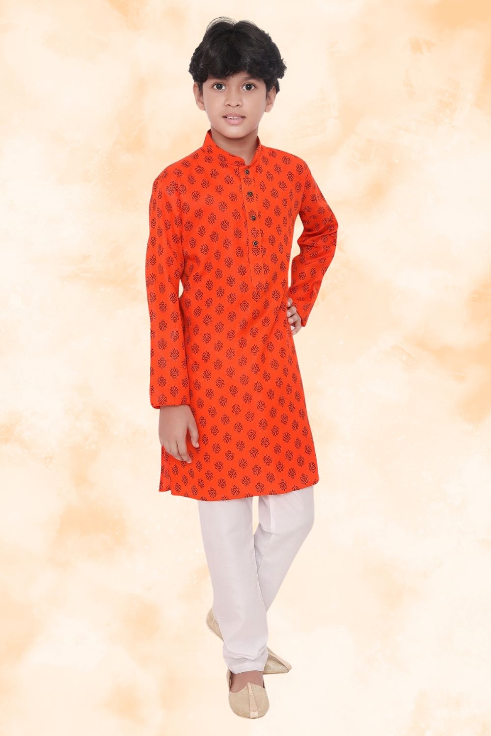 Apricot Orange Hloom Printed Cotton Kurta