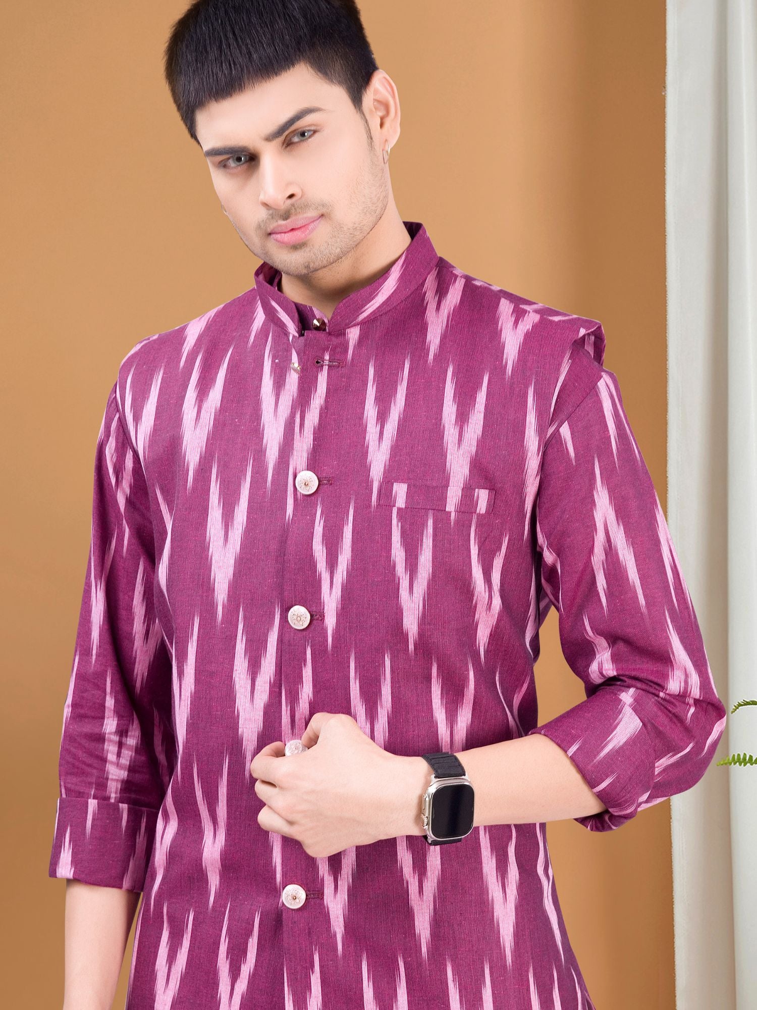 Rich Maroon Ikat Print Kurta Jacket Set