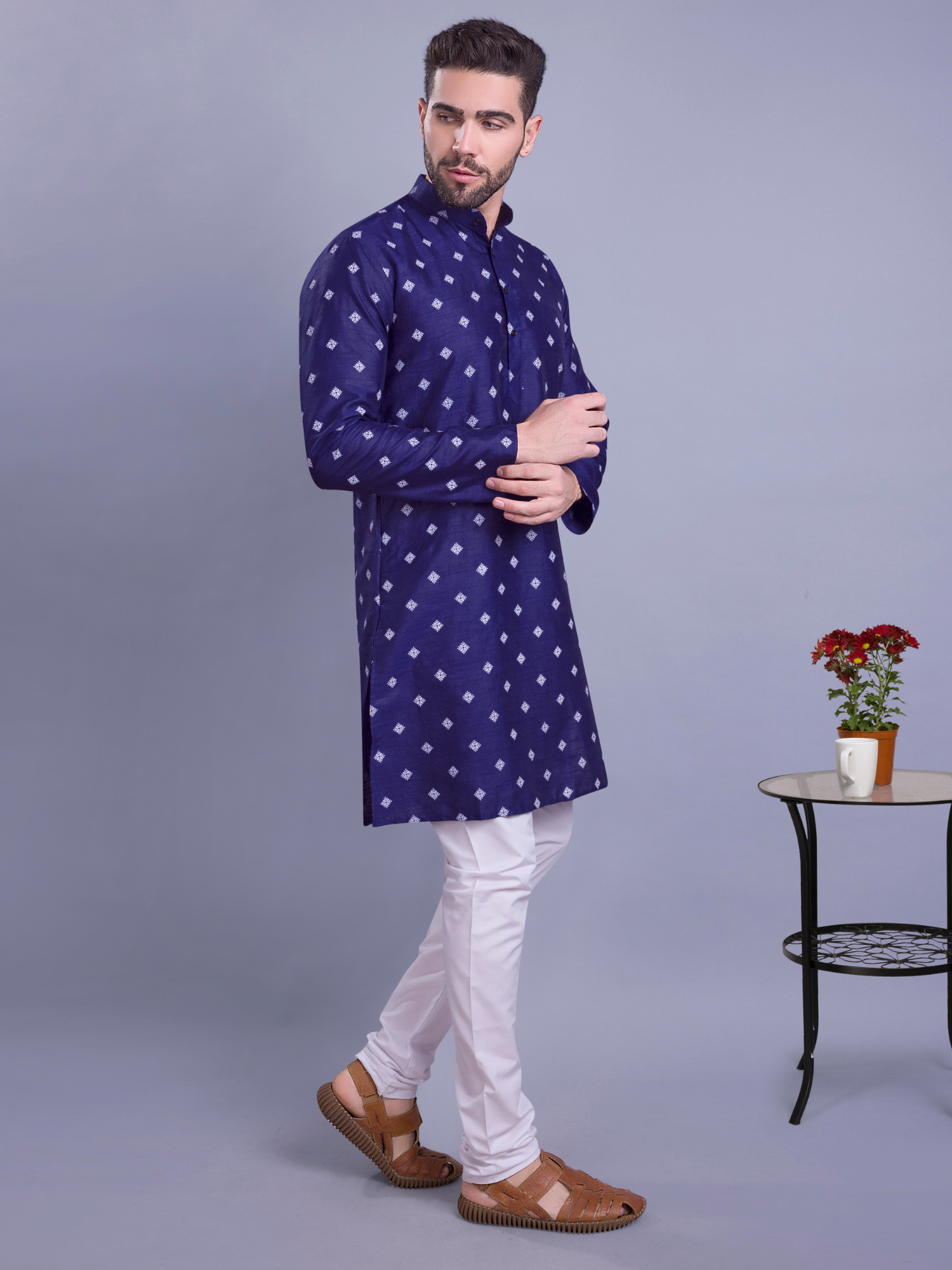 Coral Peach Hloom Printed Silk Kurta