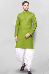 Lime Green Dot Printed  Cotton Kurta  Peshawari Set