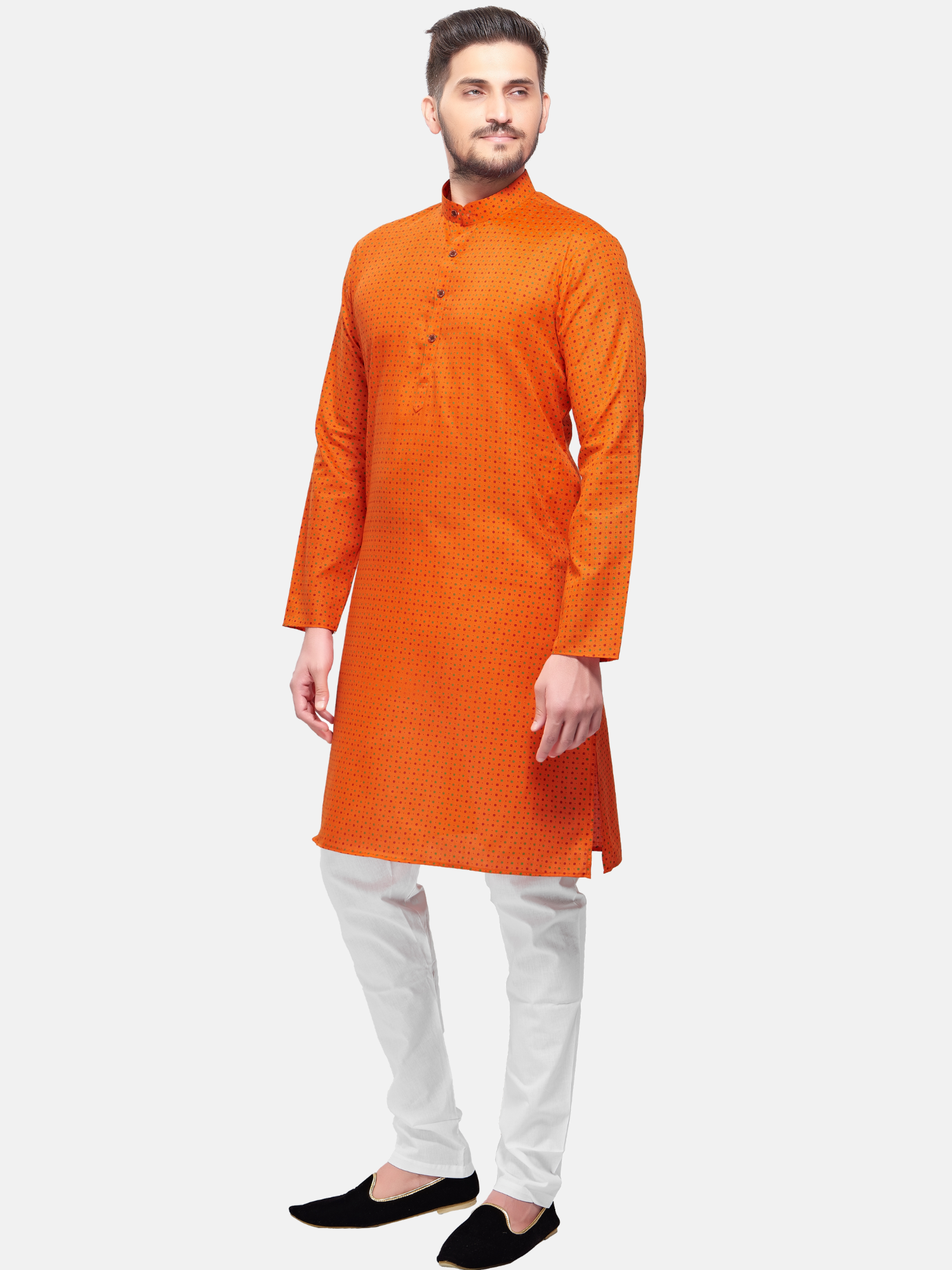 Apricot Orange Dot Printed  Cotton  Kurta  and Matching Dhoti