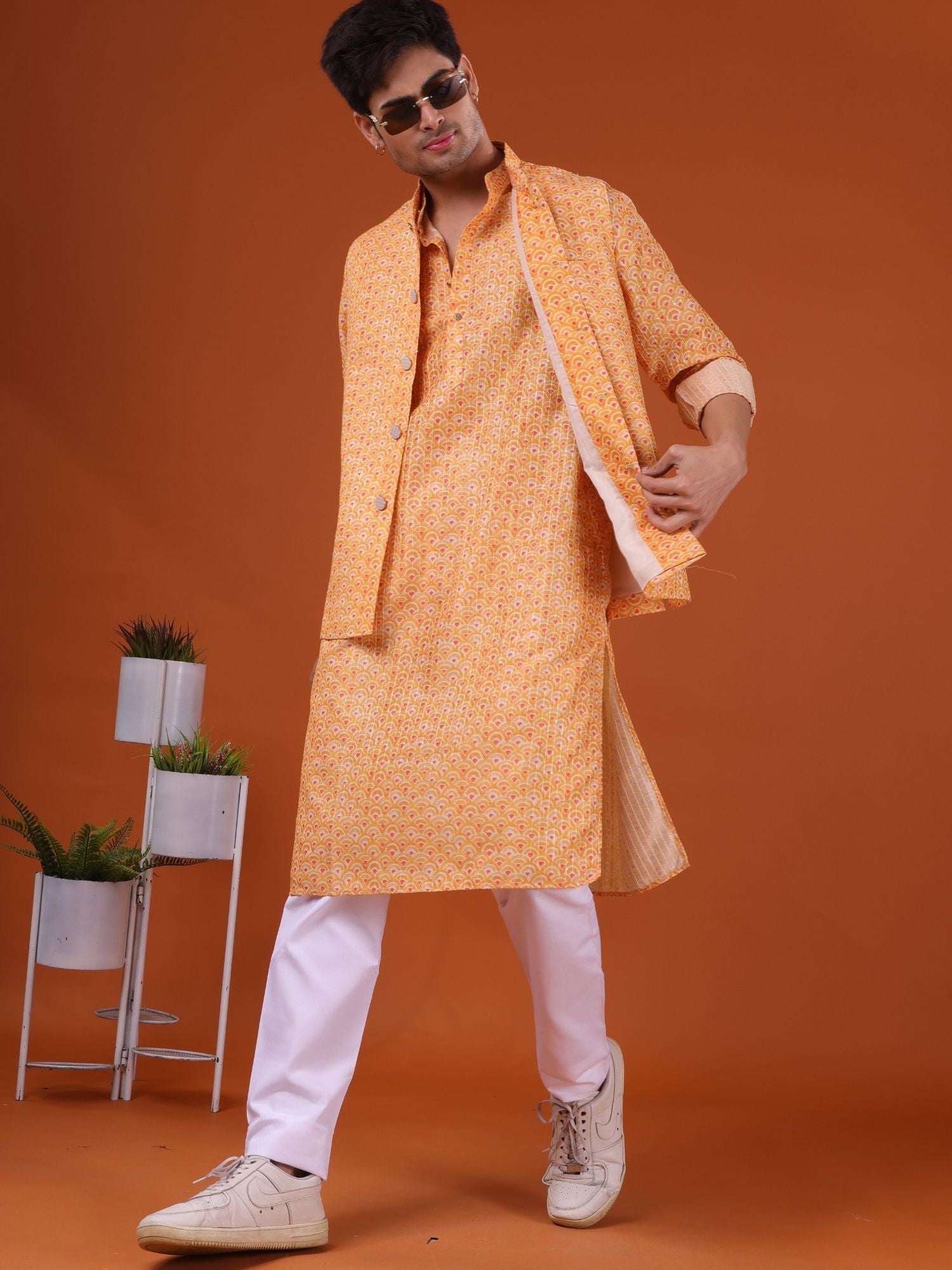 Shine Of Yellow Ikat Print Cotton Silk Kurta Jacket Set