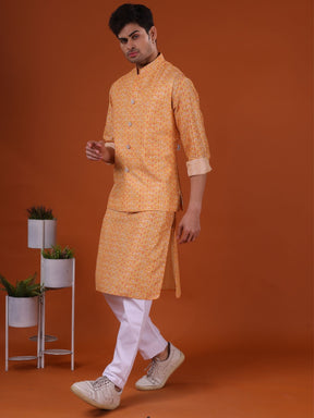 Shine Of Yellow Ikat Print Cotton Silk Kurta Jacket Set