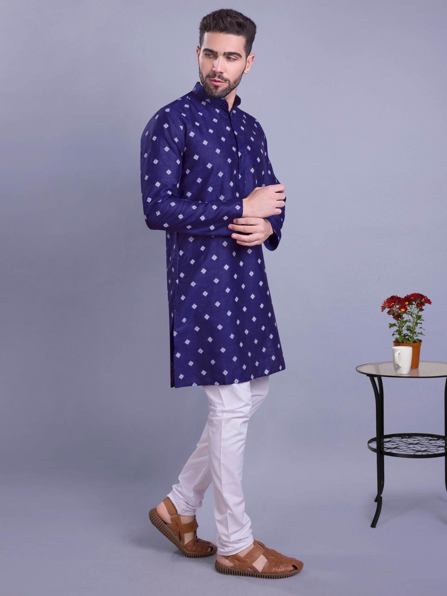 Azure Blue Hloom Printed Silk Kurta