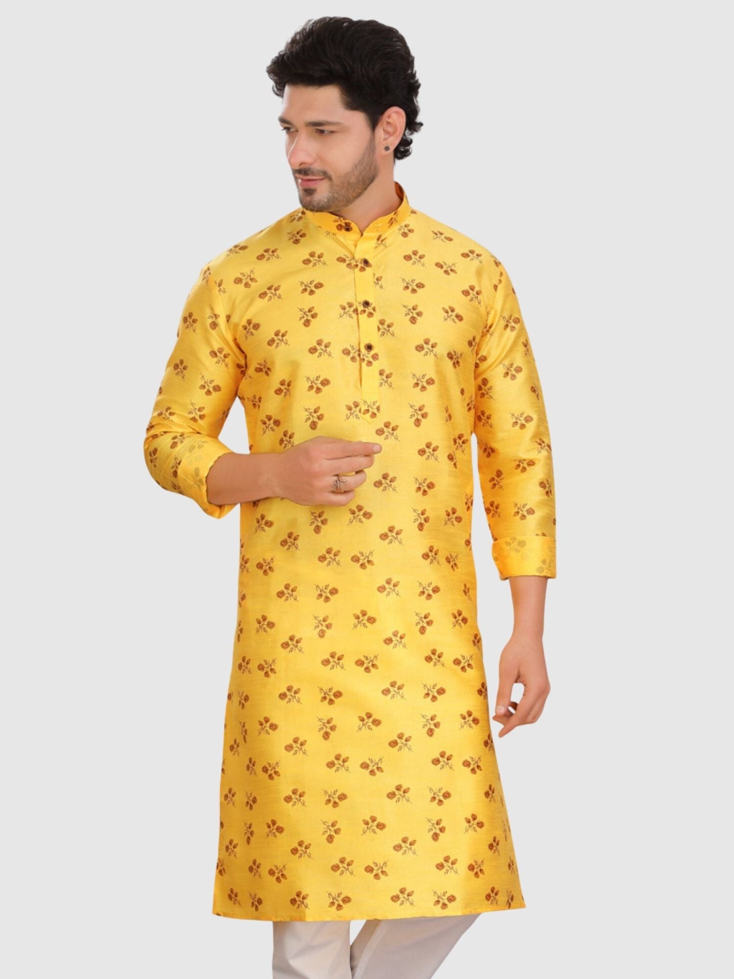 Shine Of Yellow Silk Printed Kurta  and Matching Dhoti