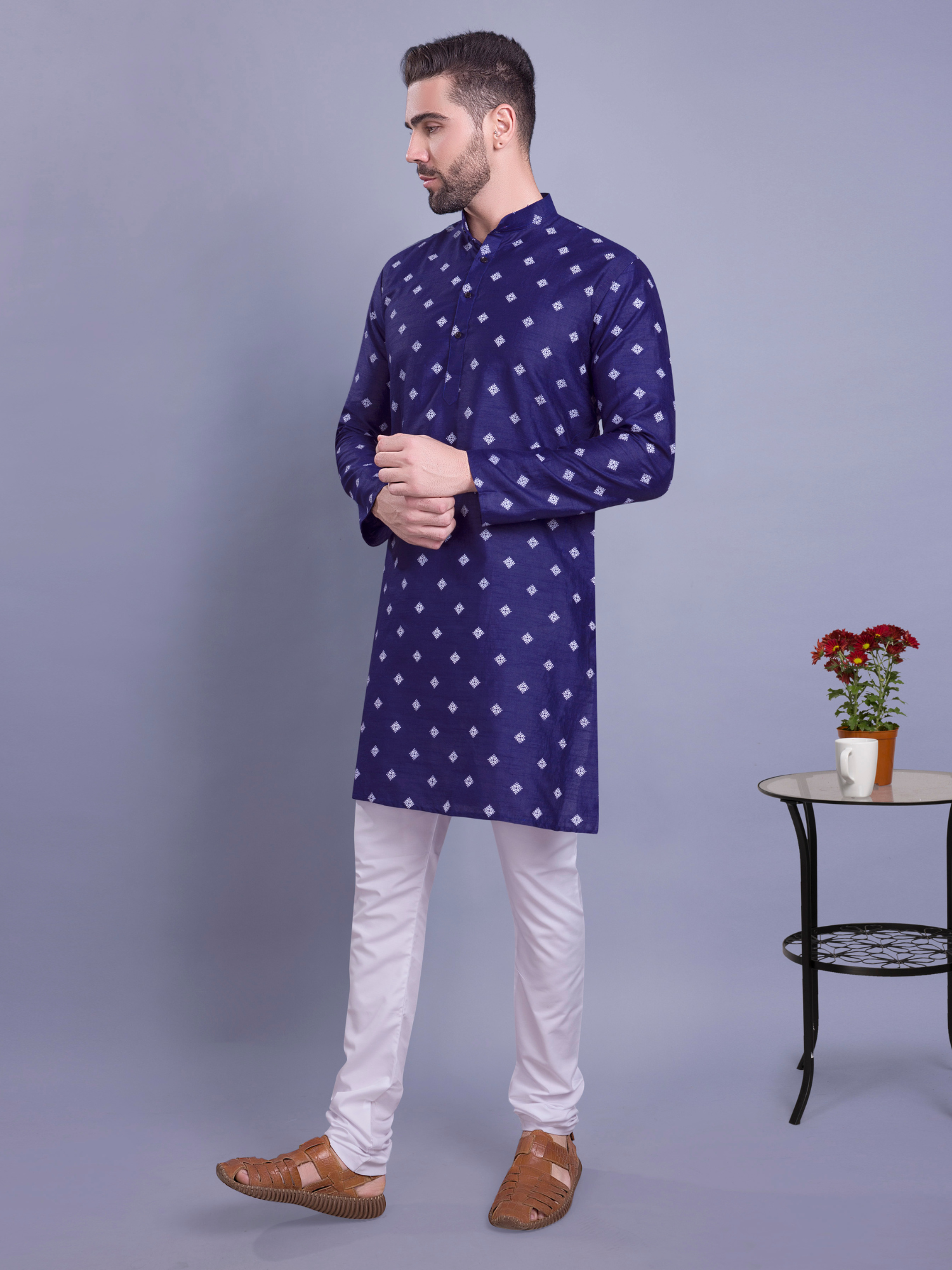 Coral Peach Hloom Printed Silk Kurta