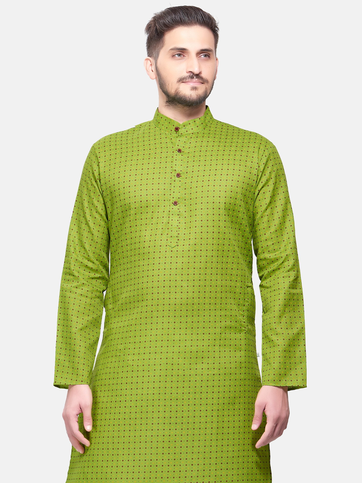 Tropical Green Dot Printed Cotton  Kurta and Matching Dhoti