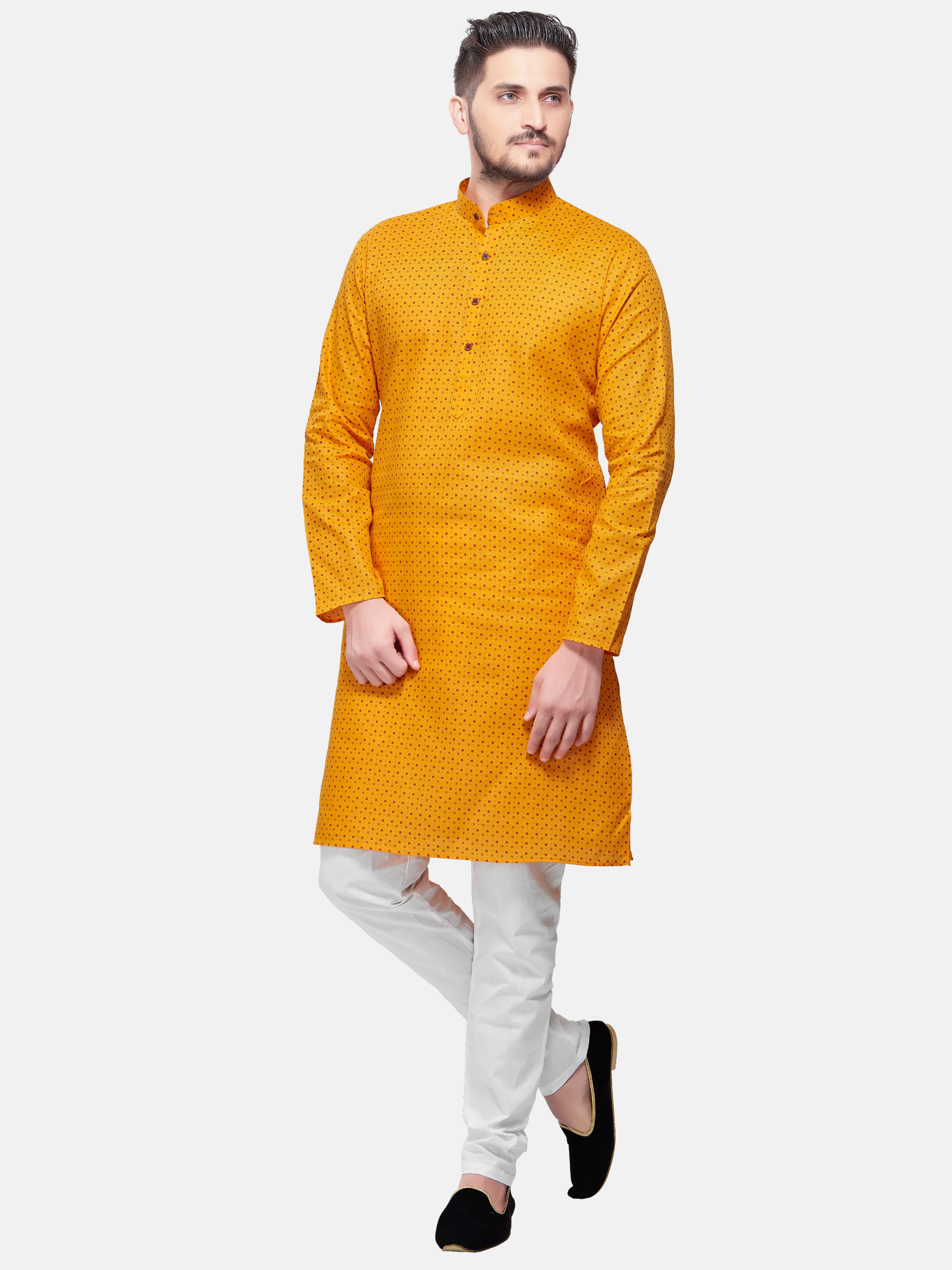 Sunshine Yellow Dot Printed  Cotton Kurta  and Matching Dhoti