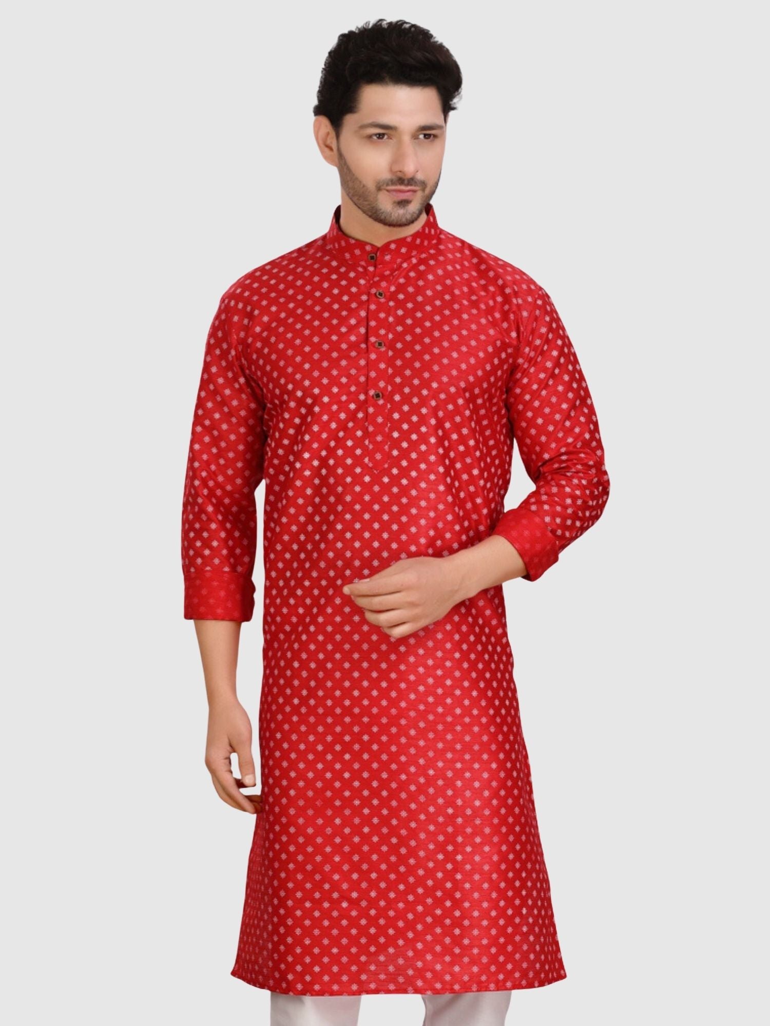 Barn Red Silk Printed Kurta  and Matching Dhoti