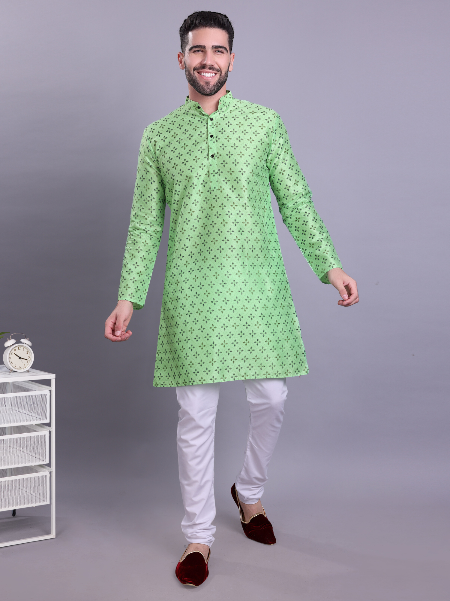 Coral Peach Hloom Printed Silk Kurta