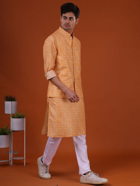 Shine Of Yellow Ikat Print Cotton Silk Kurta Jacket Set