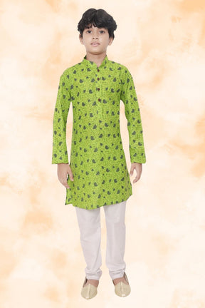 Tropical Green Hloom Printed Cotton Kurta Pajama Suit