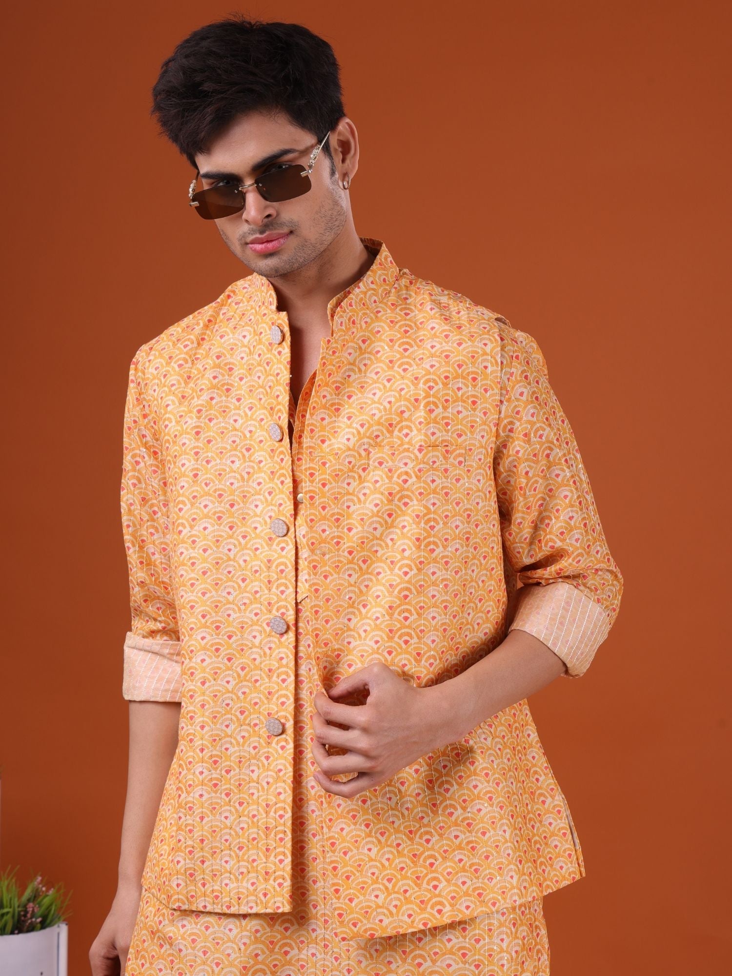 Shine Of Yellow Ikat Print Cotton Silk Kurta Jacket Set