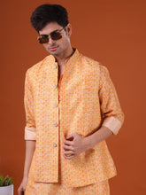 Shine Of Yellow Ikat Print Cotton Silk Kurta Jacket Set