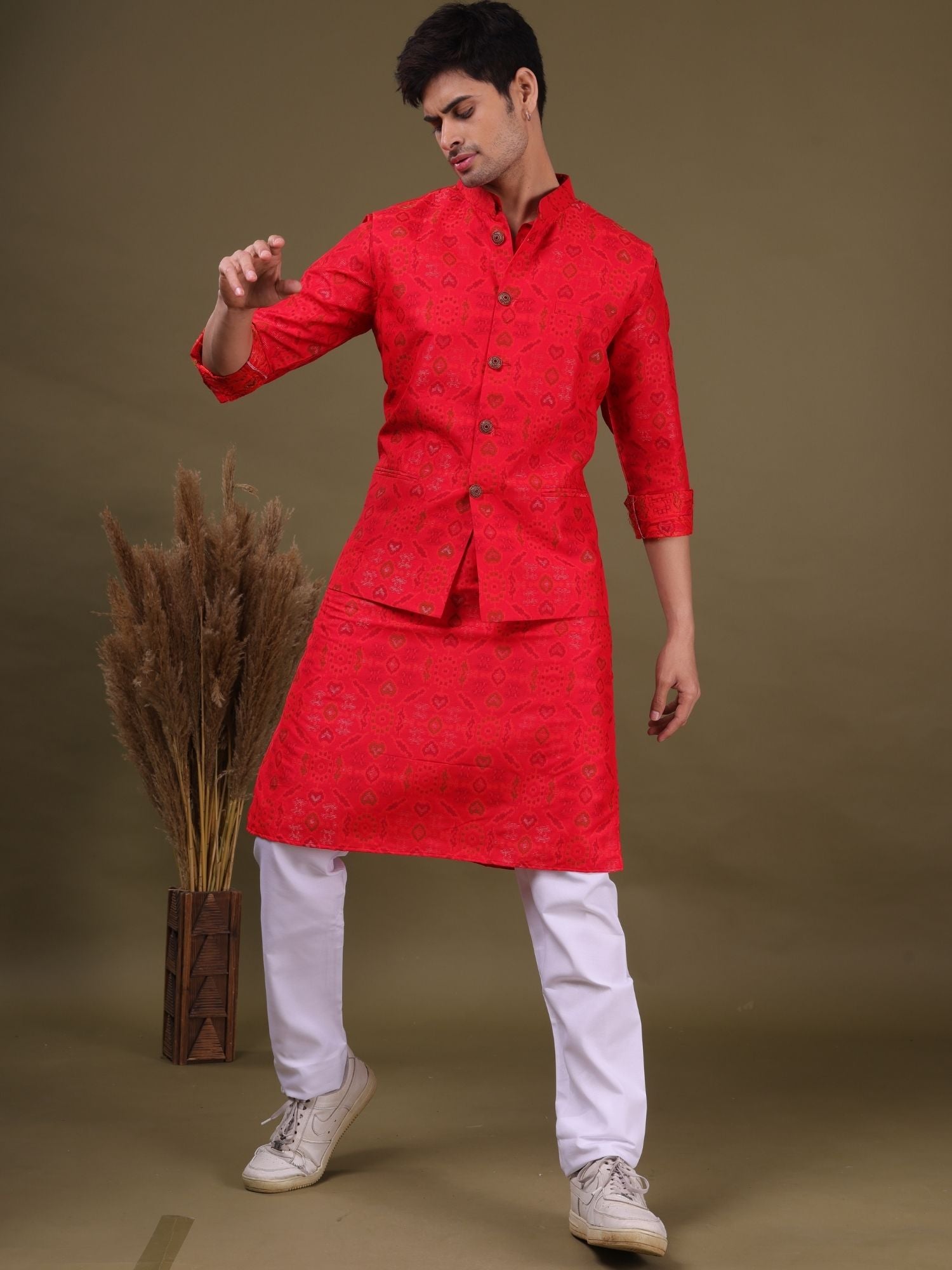 Barn Red Ikat Print  Cotton Silk Kurta Jacket Set