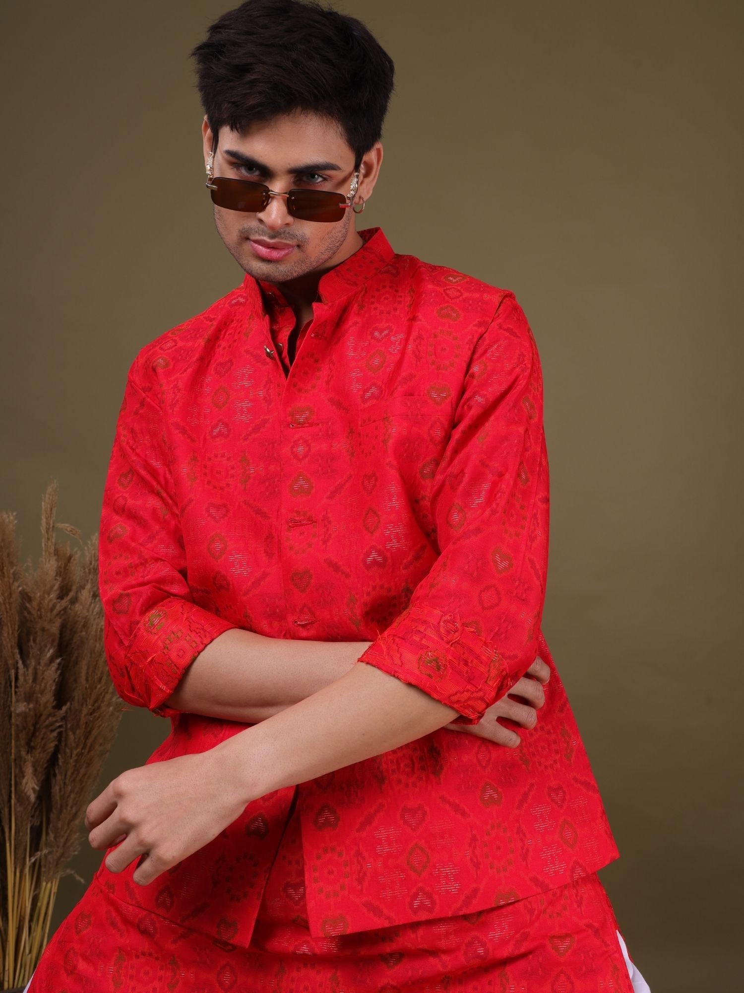 Barn Red Ikat Print  Cotton Silk Kurta Jacket Set