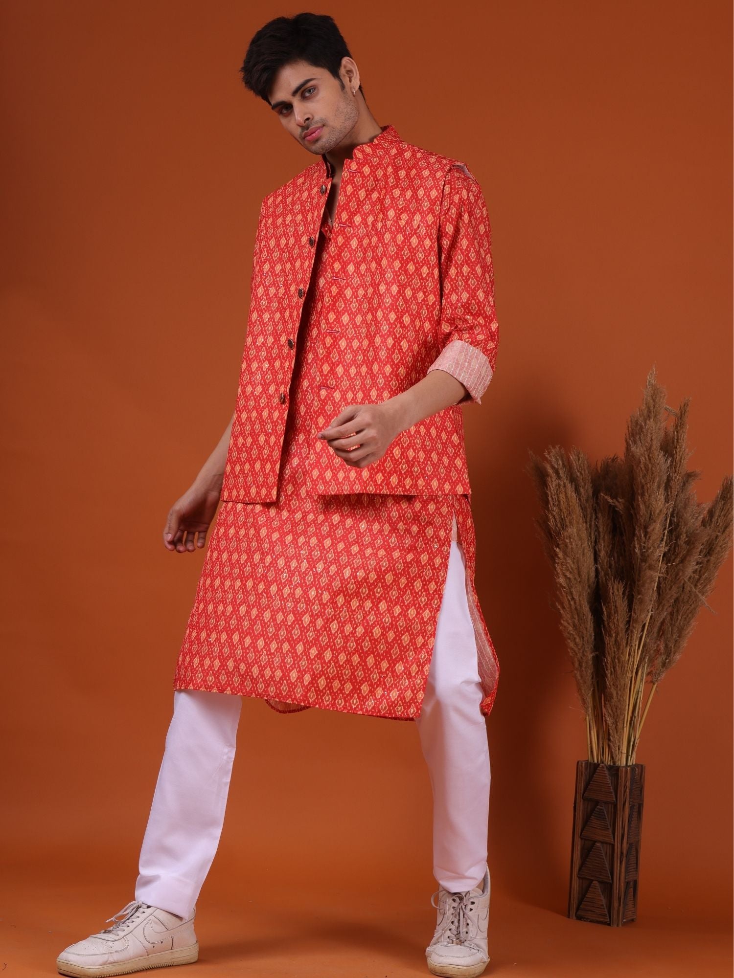 Apricot Orange Buti Print  Cotton Silk Kurta Jacket Set