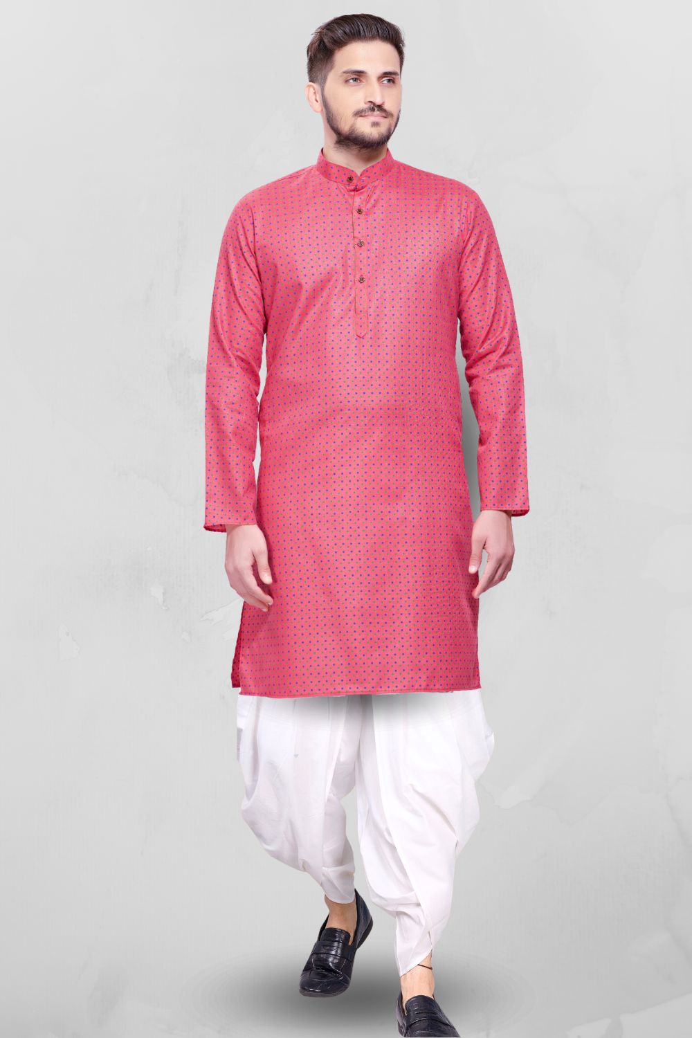 Persian Pink Dot Printed  Cotton Kurta Peshawari Set