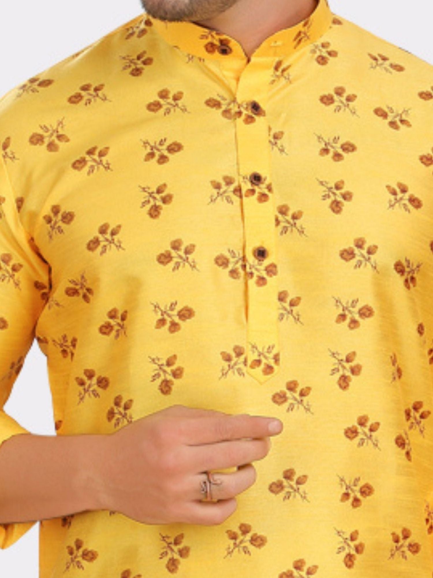 Shine Of Yellow Silk Printed Kurta  and Matching Dhoti