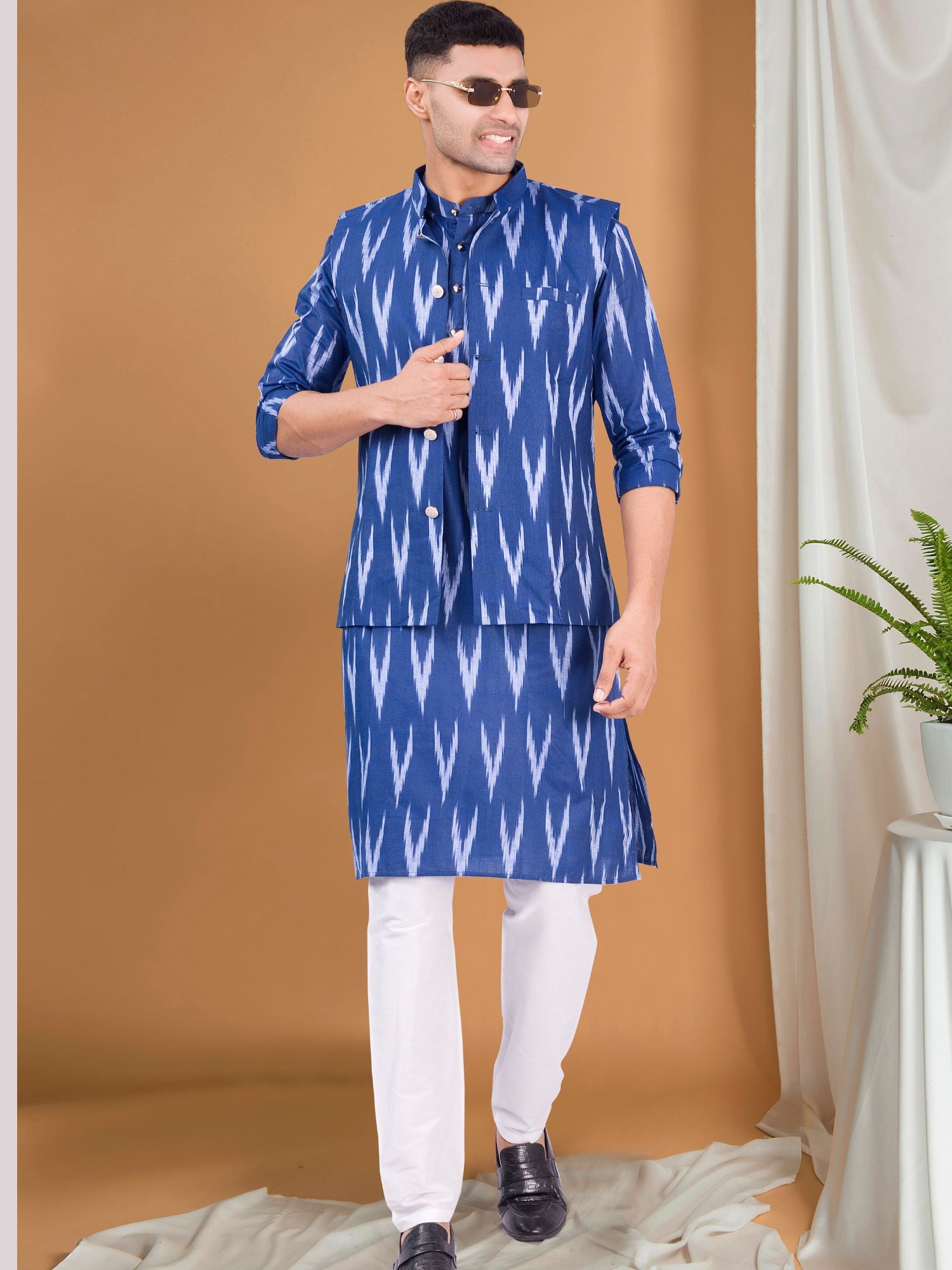 Iris Blue Ikat Print Kurta Jacket Set