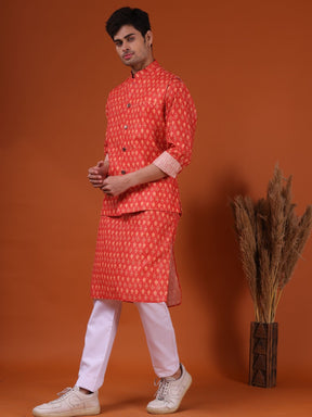 Apricot Orange Buti Print  Cotton Silk Kurta Jacket Set