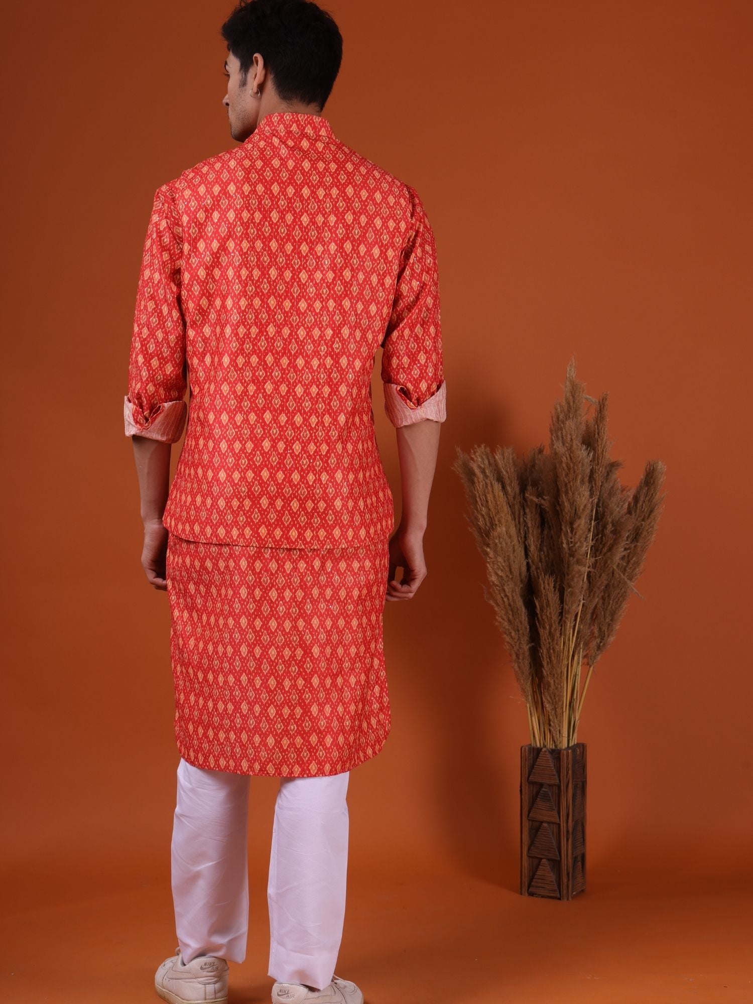 Apricot Orange Buti Print  Cotton Silk Kurta Jacket Set