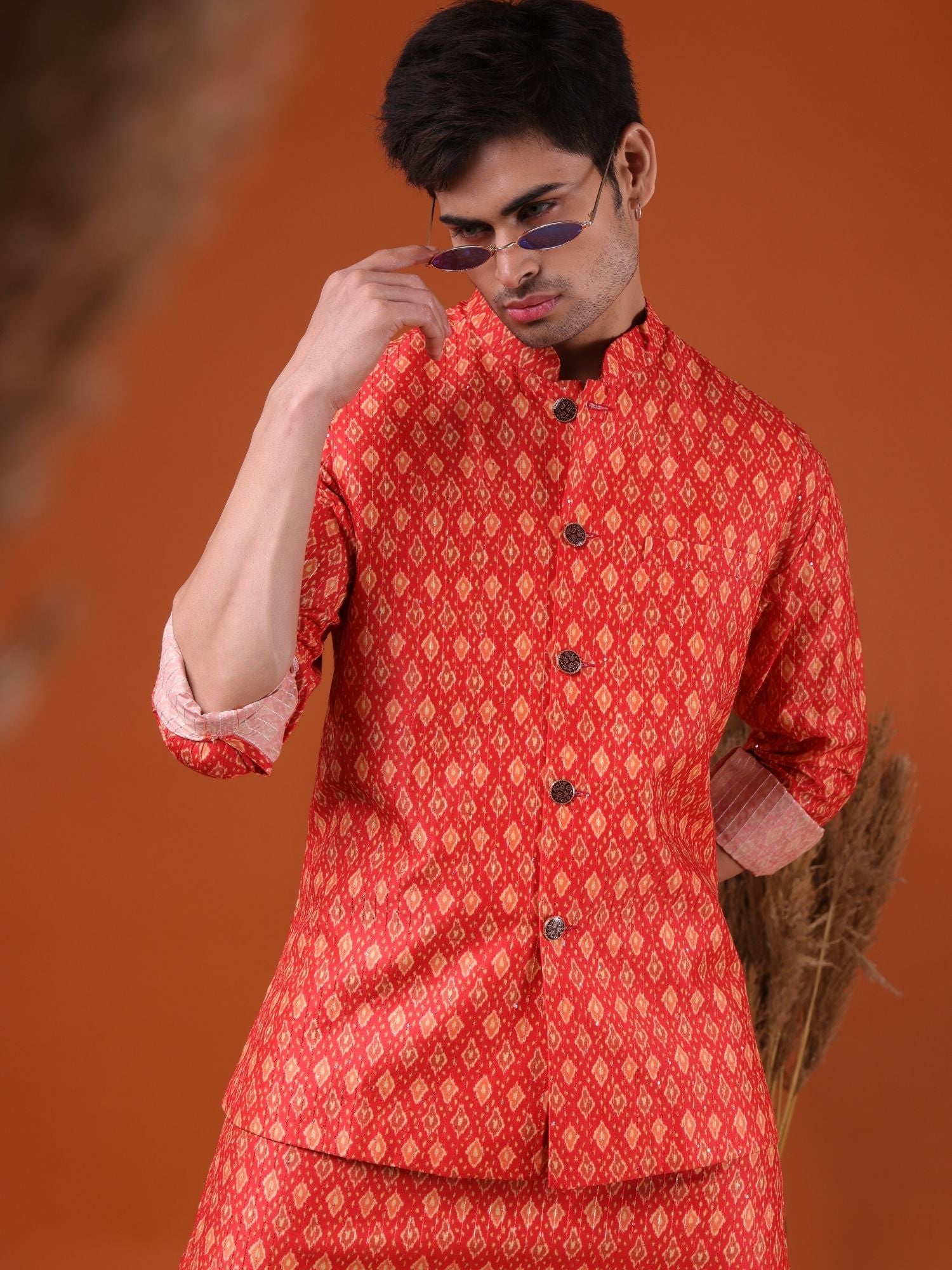 Apricot Orange Buti Print  Cotton Silk Kurta Jacket Set