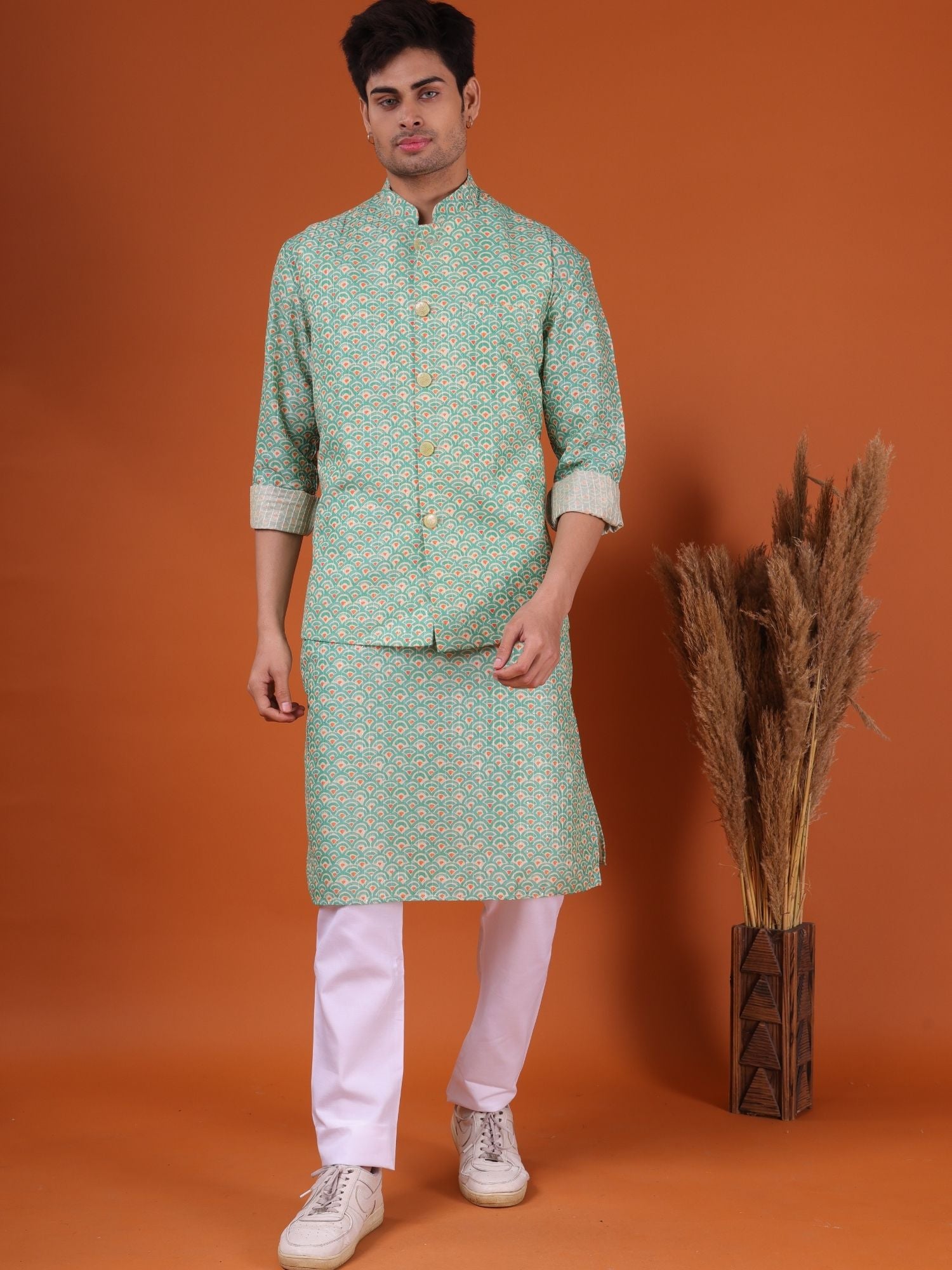 Tropical Green Ikat Print Cotton Silk Kurta Jacket Set