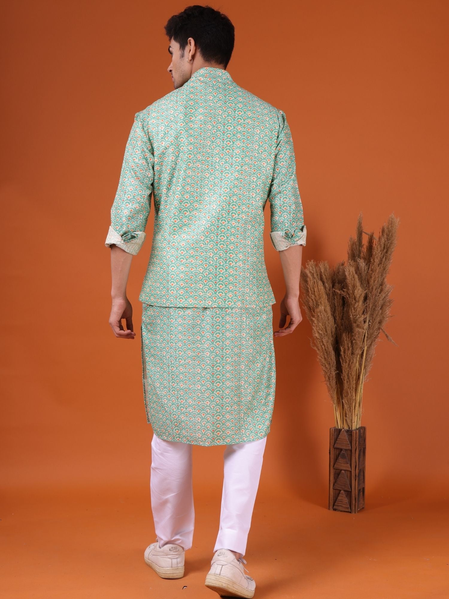 Tropical Green Ikat Print Cotton Silk Kurta Jacket Set