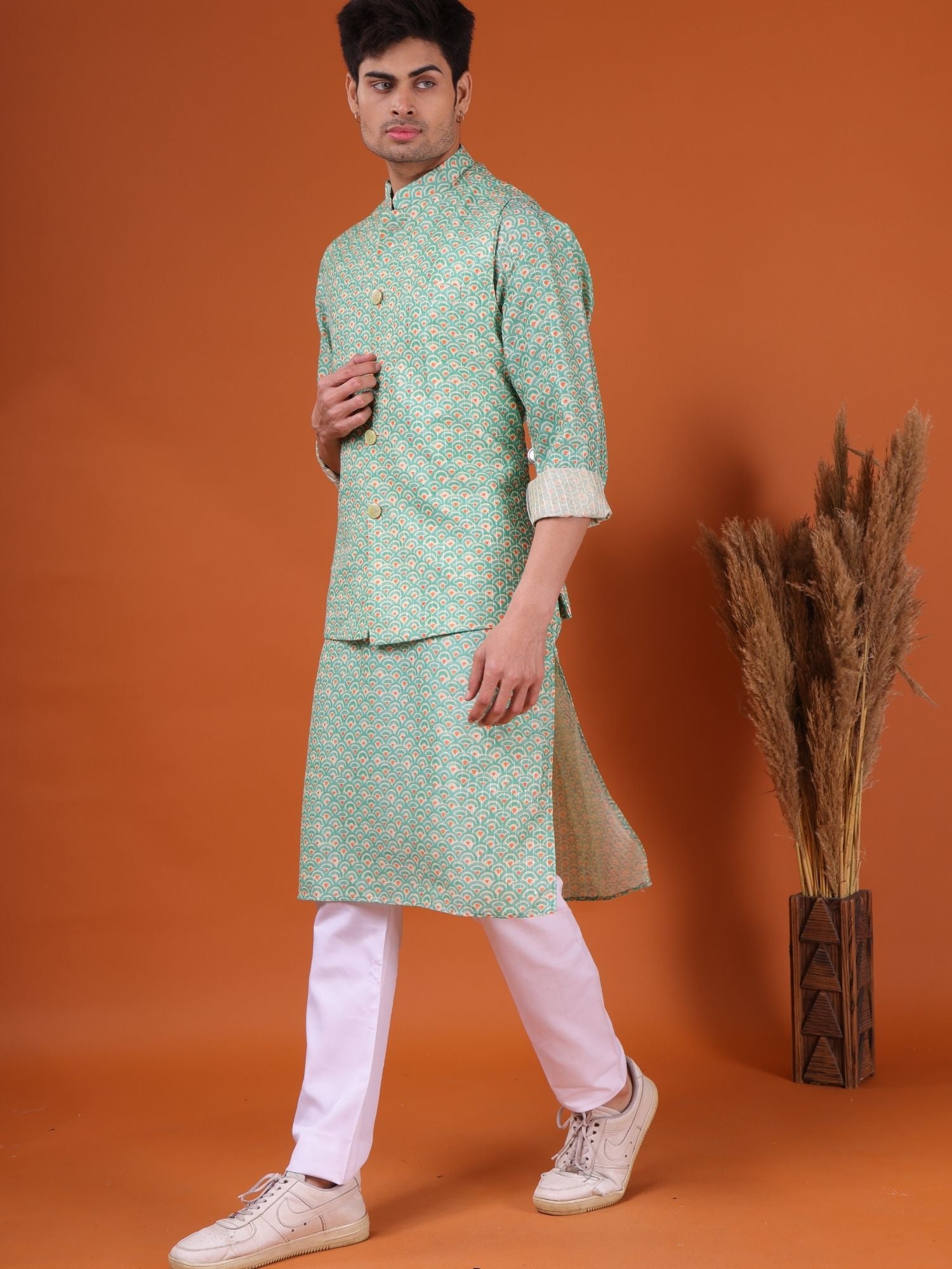 Tropical Green Ikat Print Cotton Silk Kurta Jacket Set