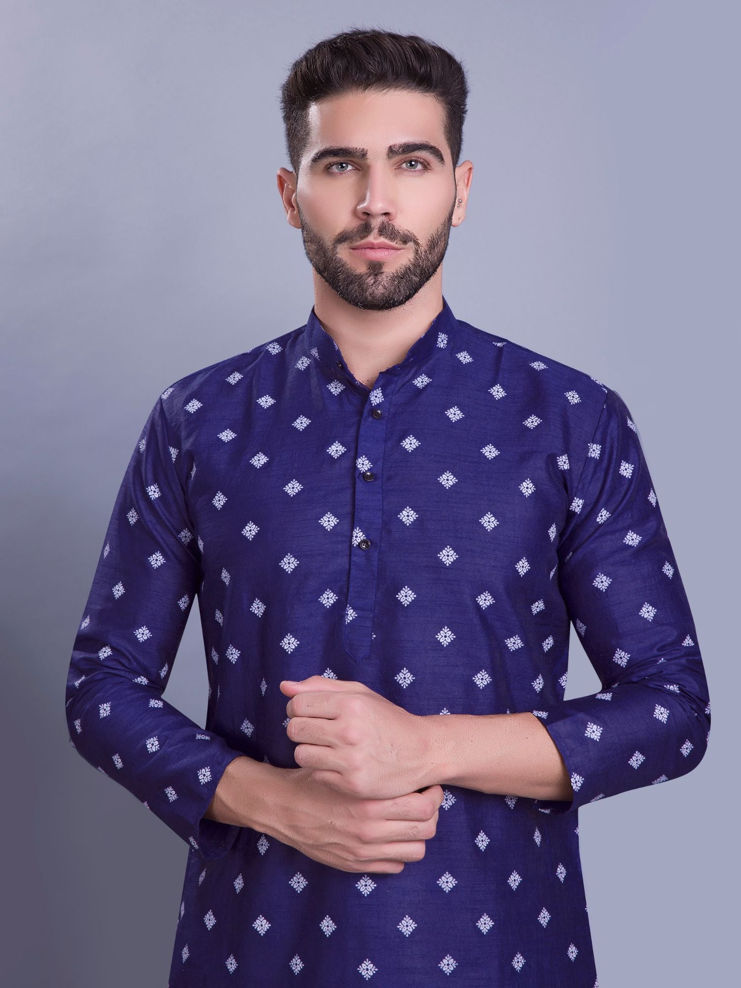 Azure Blue Hloom Printed Silk Kurta