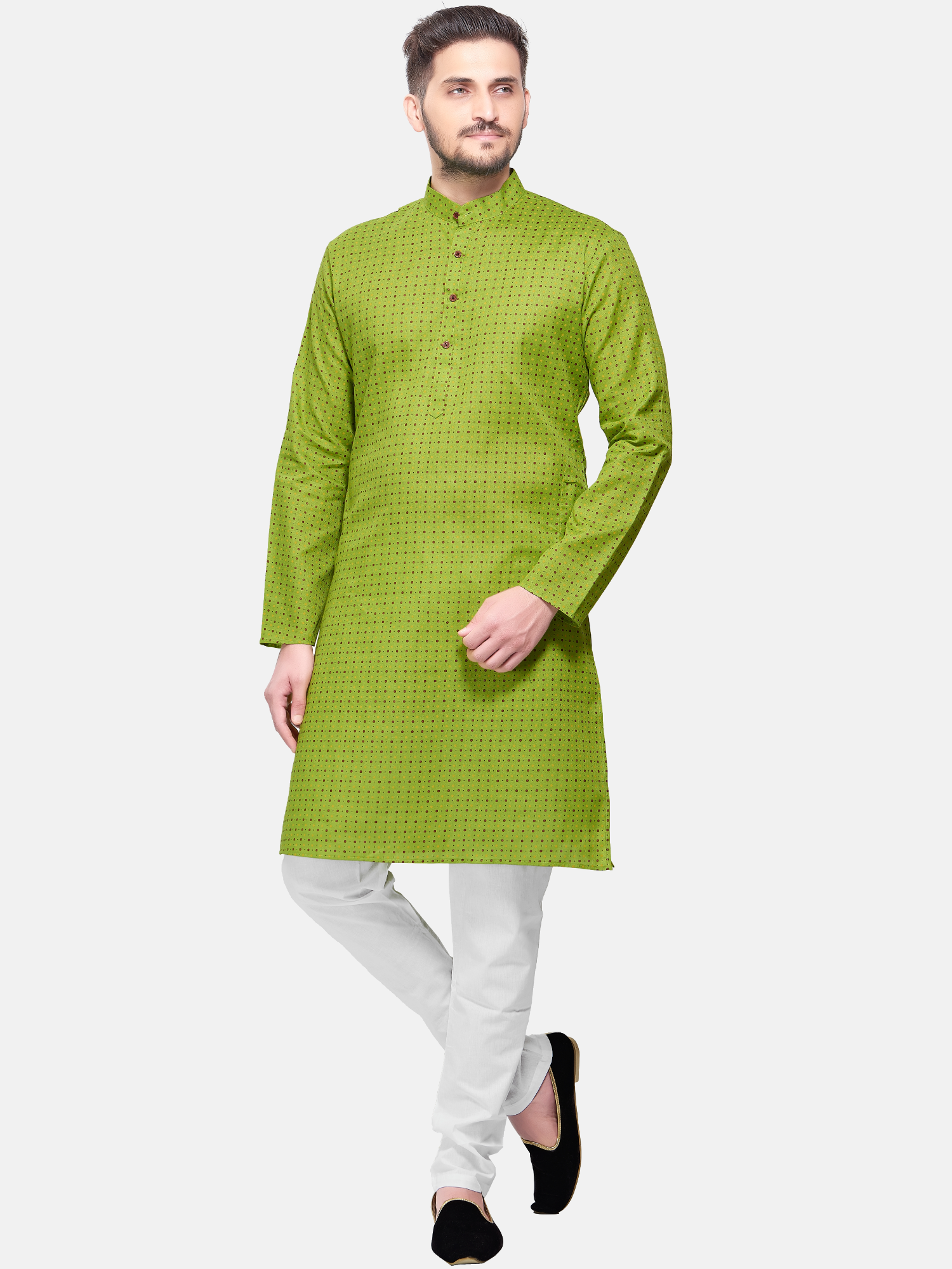 Tropical Green Dot Printed Cotton  Kurta and Matching Dhoti