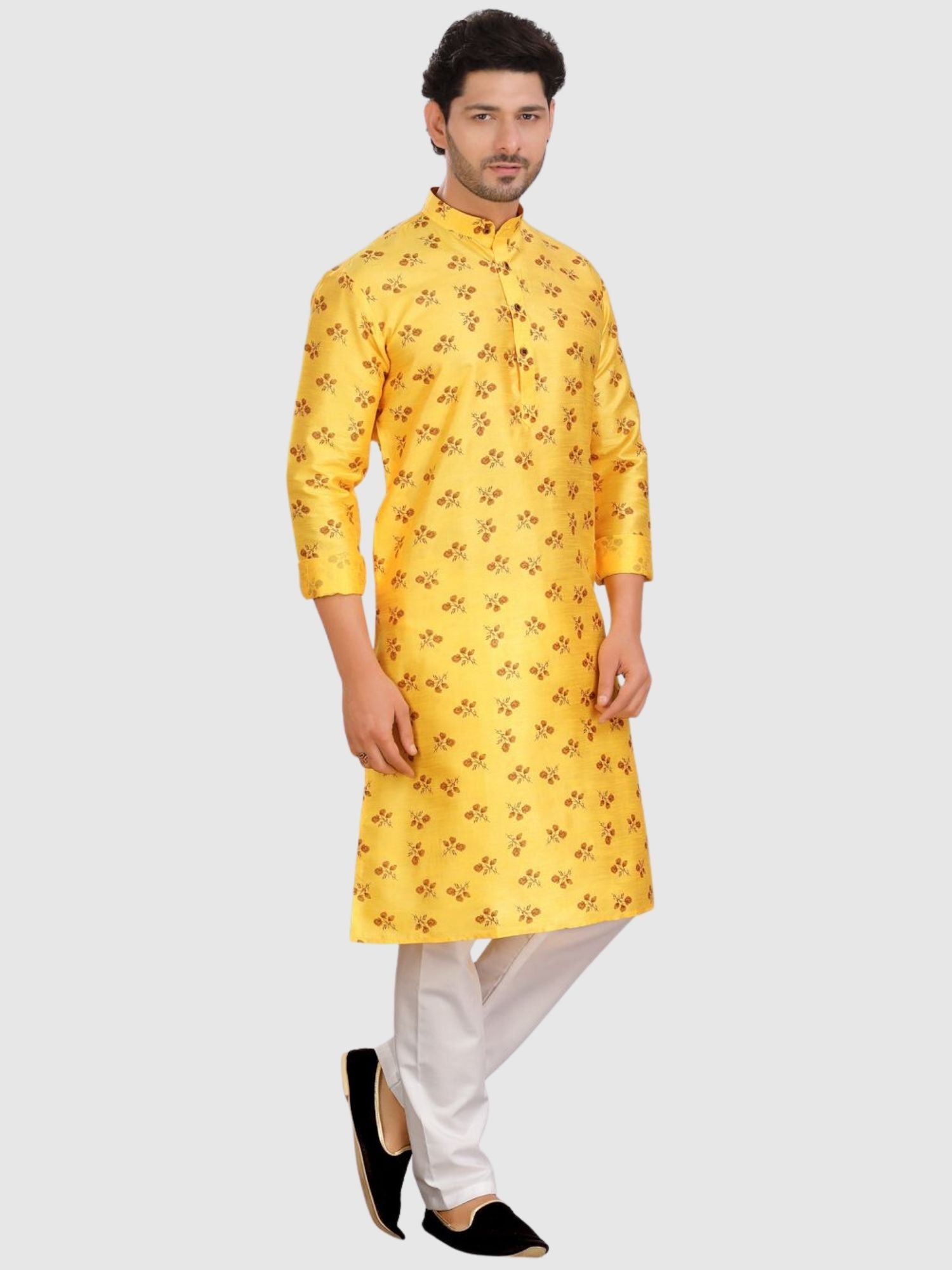 Shine Of Yellow Silk Printed Kurta  and Matching Dhoti