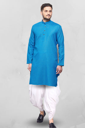 Iris Blue Dot Printed  Cotton  Kurta Peshawari Set