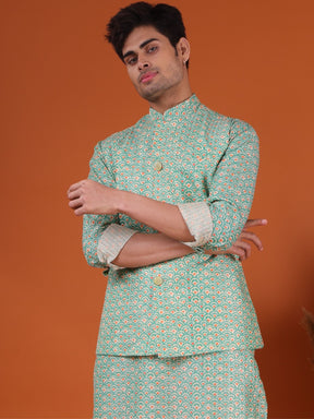 Tropical Green Ikat Print Cotton Silk Kurta Jacket Set