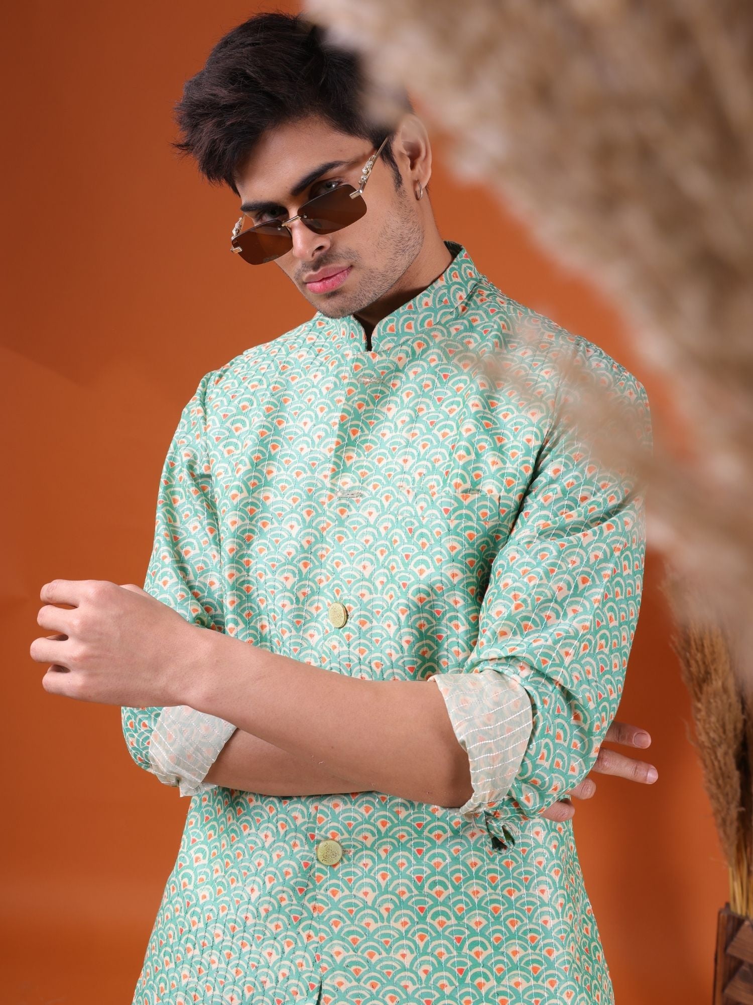 Tropical Green Ikat Print Cotton Silk Kurta Jacket Set