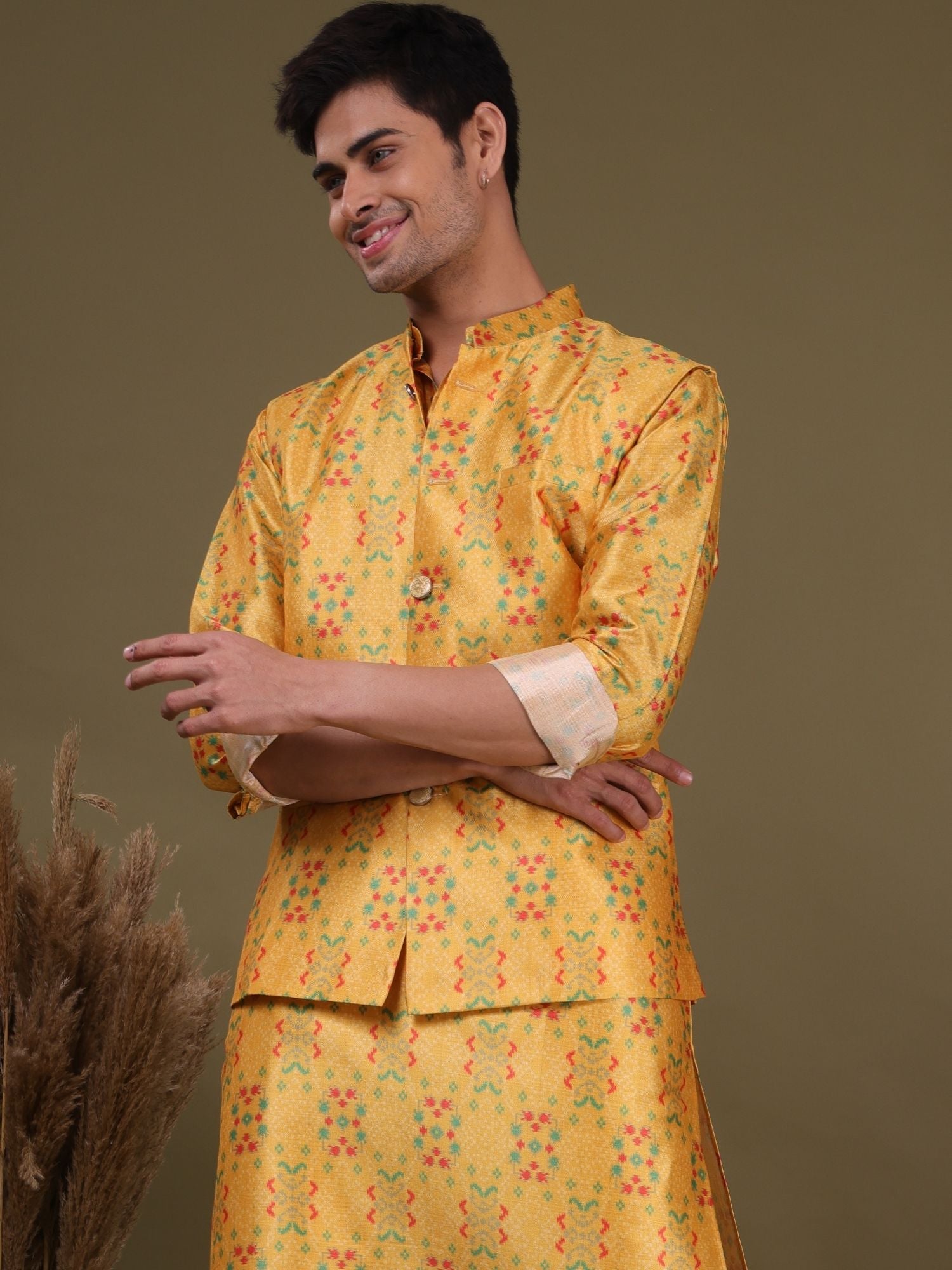 Sunshine Yellow Jacquard Silk Kurta-pajama Jacket Set