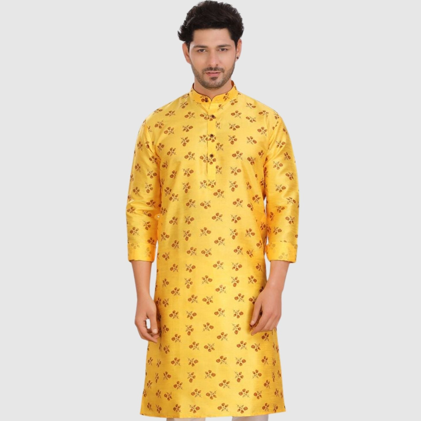 Shine Of Yellow Silk Printed Kurta  and Matching Dhoti