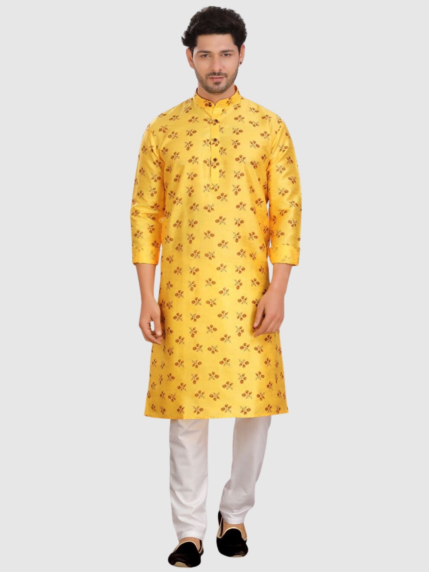 Shine Of Yellow Silk Printed Kurta  and Matching Dhoti