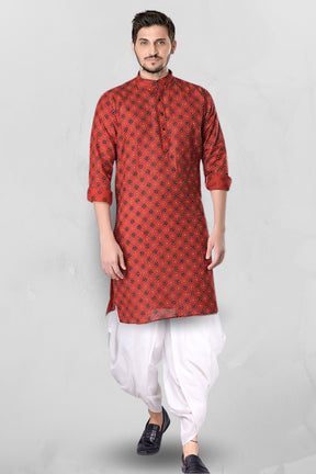 Barn Red Cotton Designer Printed Kurta Peshawari Set