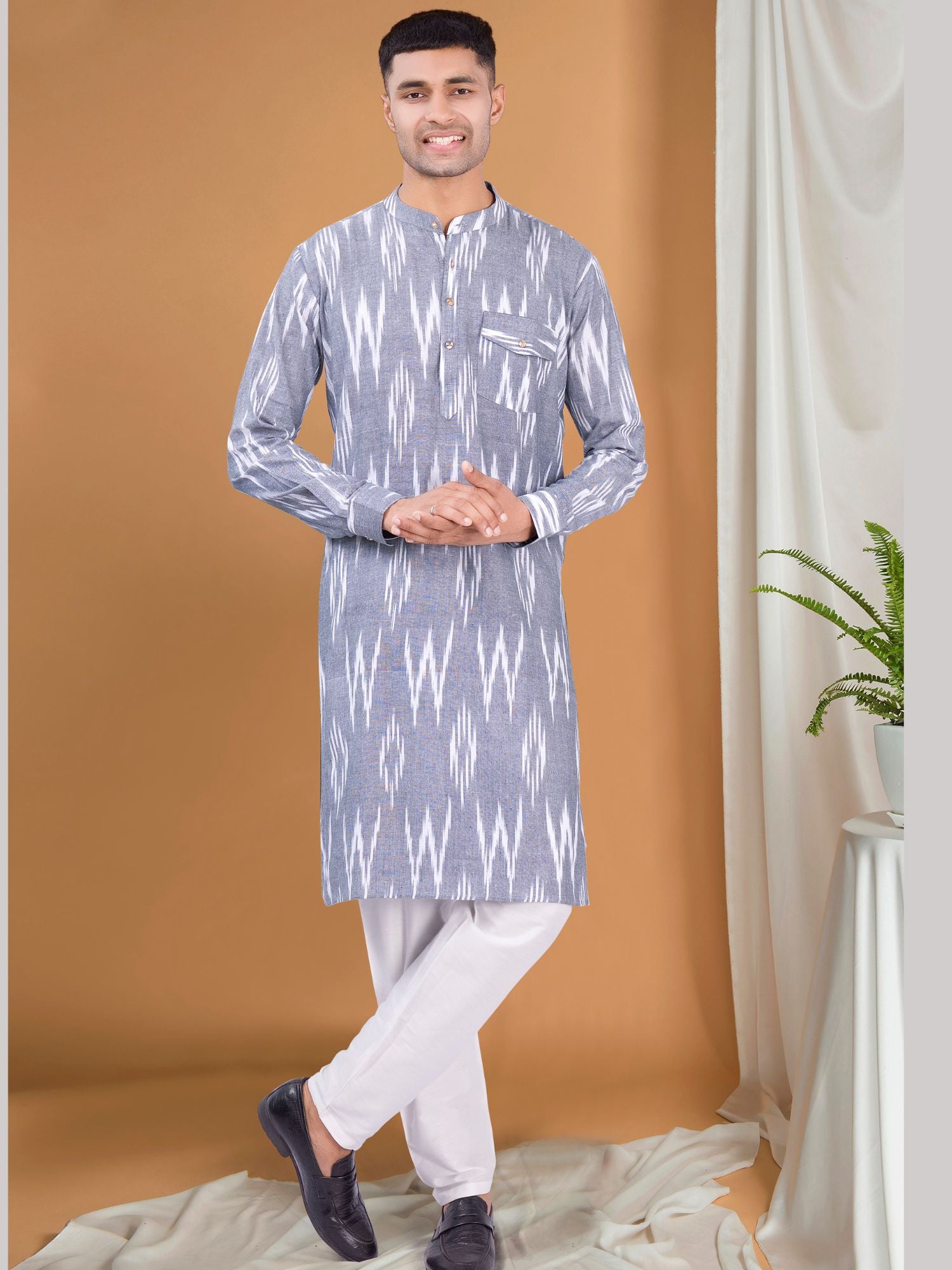 Metal Grey Ikat Print Cotton Kurta