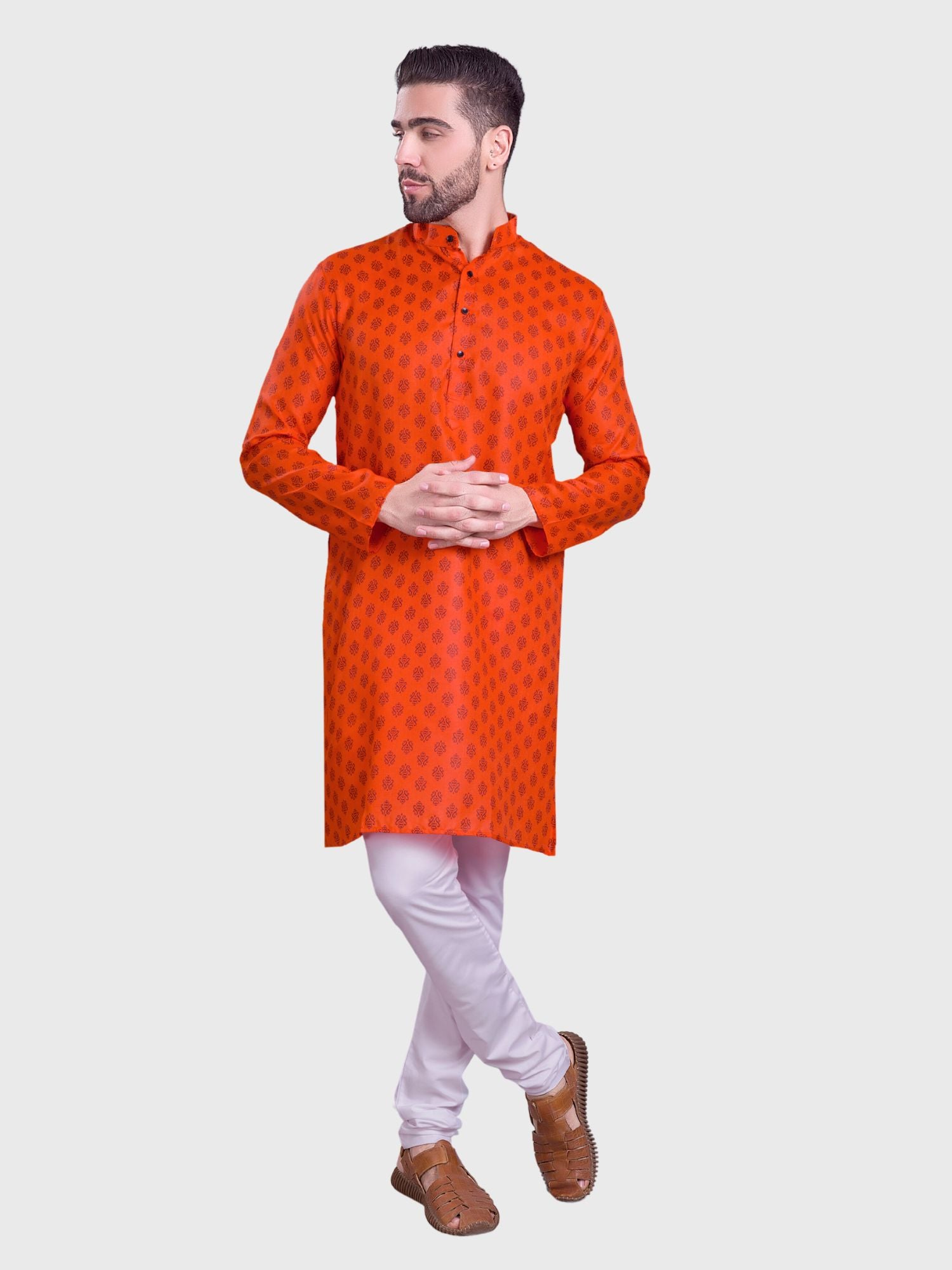 Apricot Orange Hloom Printed Cotton Kurta