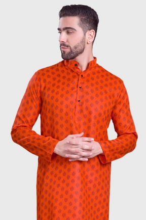 Tiger Orange Hloom Printed Cotton  Kurta Pajama  Set