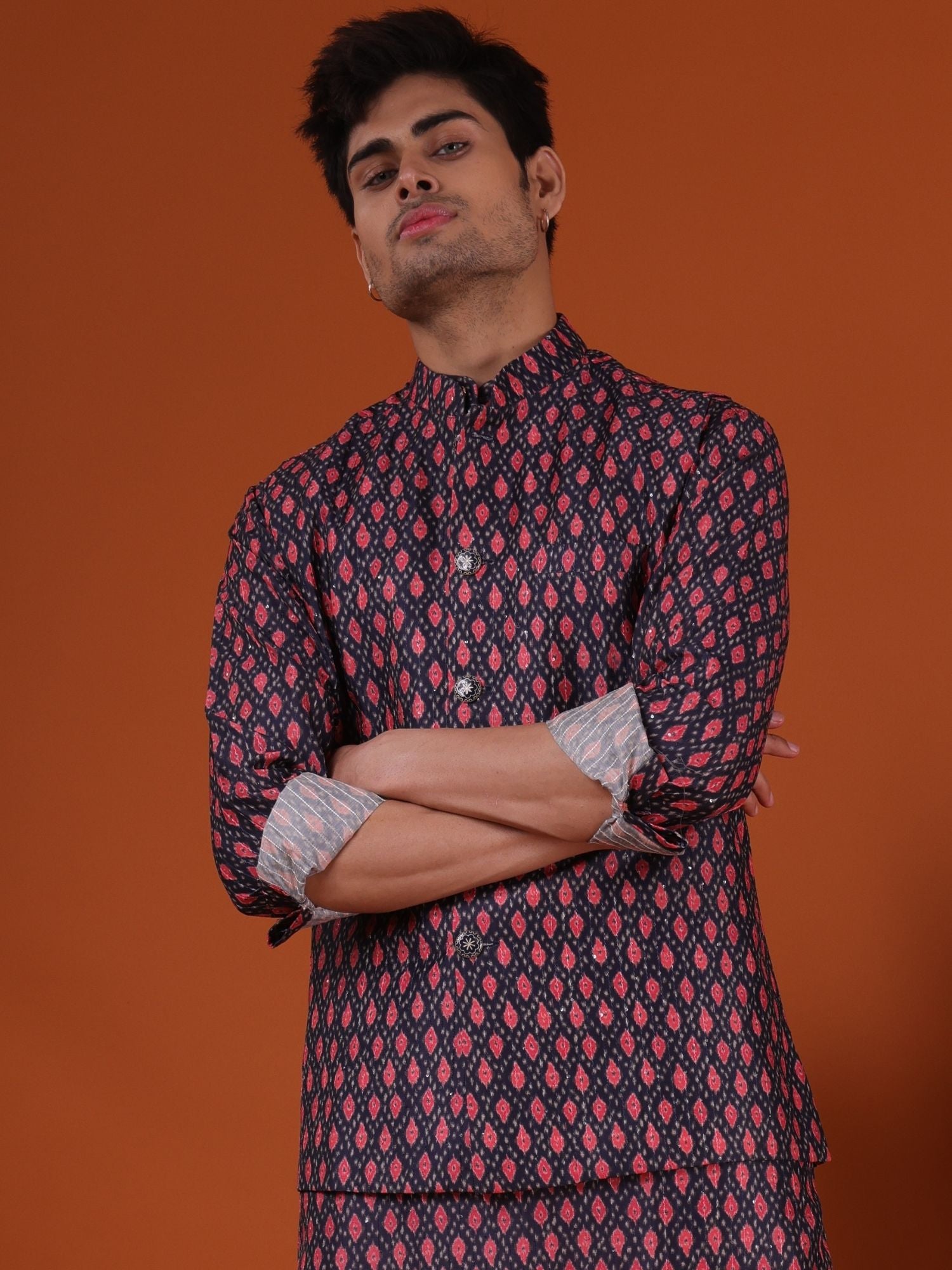 Jade Black Ikat Print Cotton Silk Kurta Jacket Set