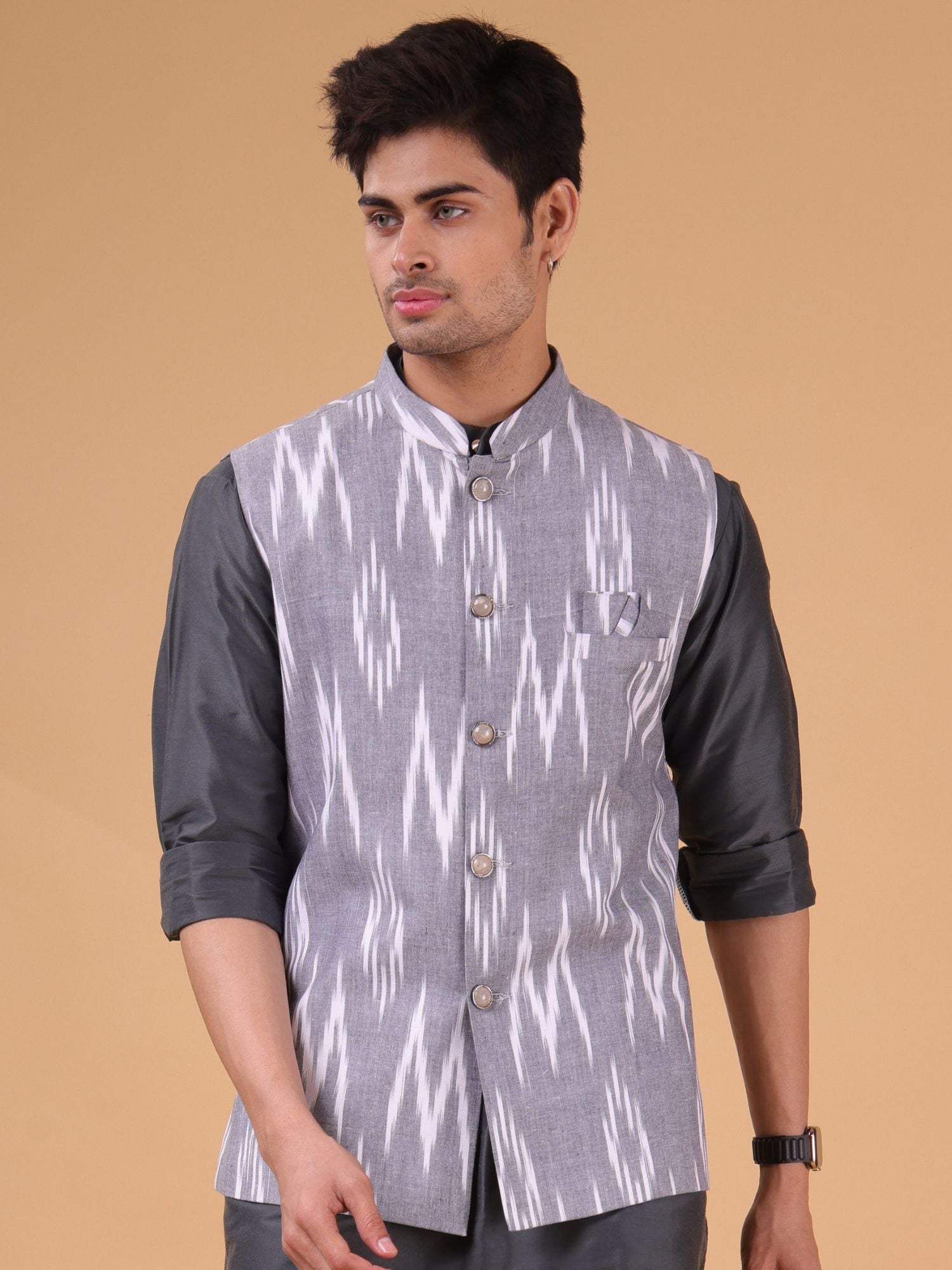 Metal Grey  Solid Pattern Kurta Jacket Set