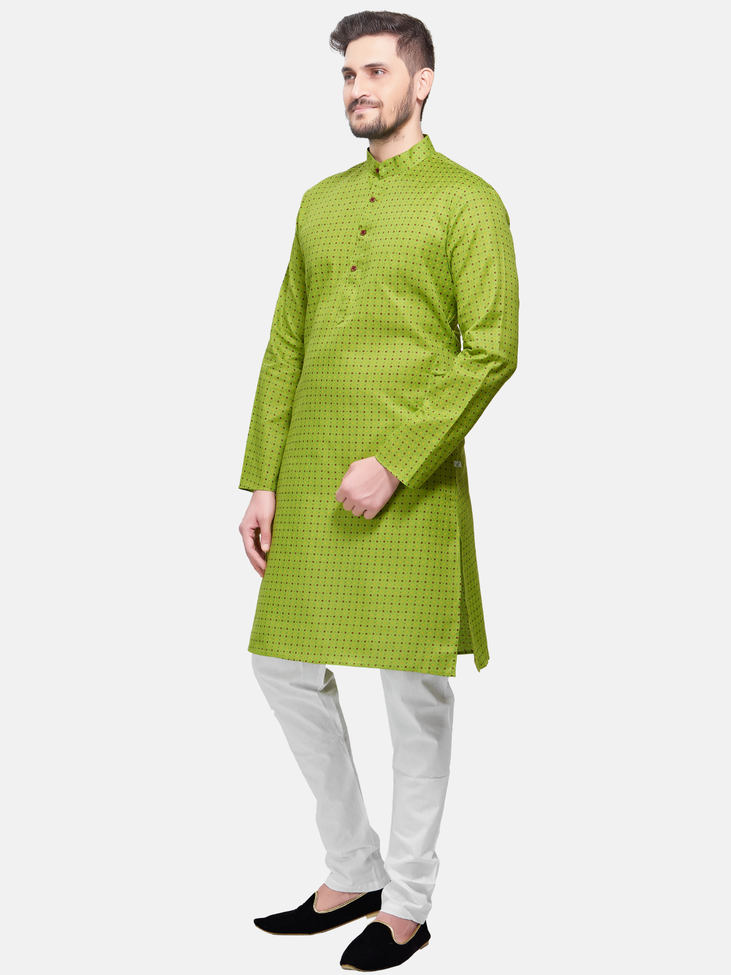 Tropical Green Dot Printed Cotton  Kurta and Matching Dhoti