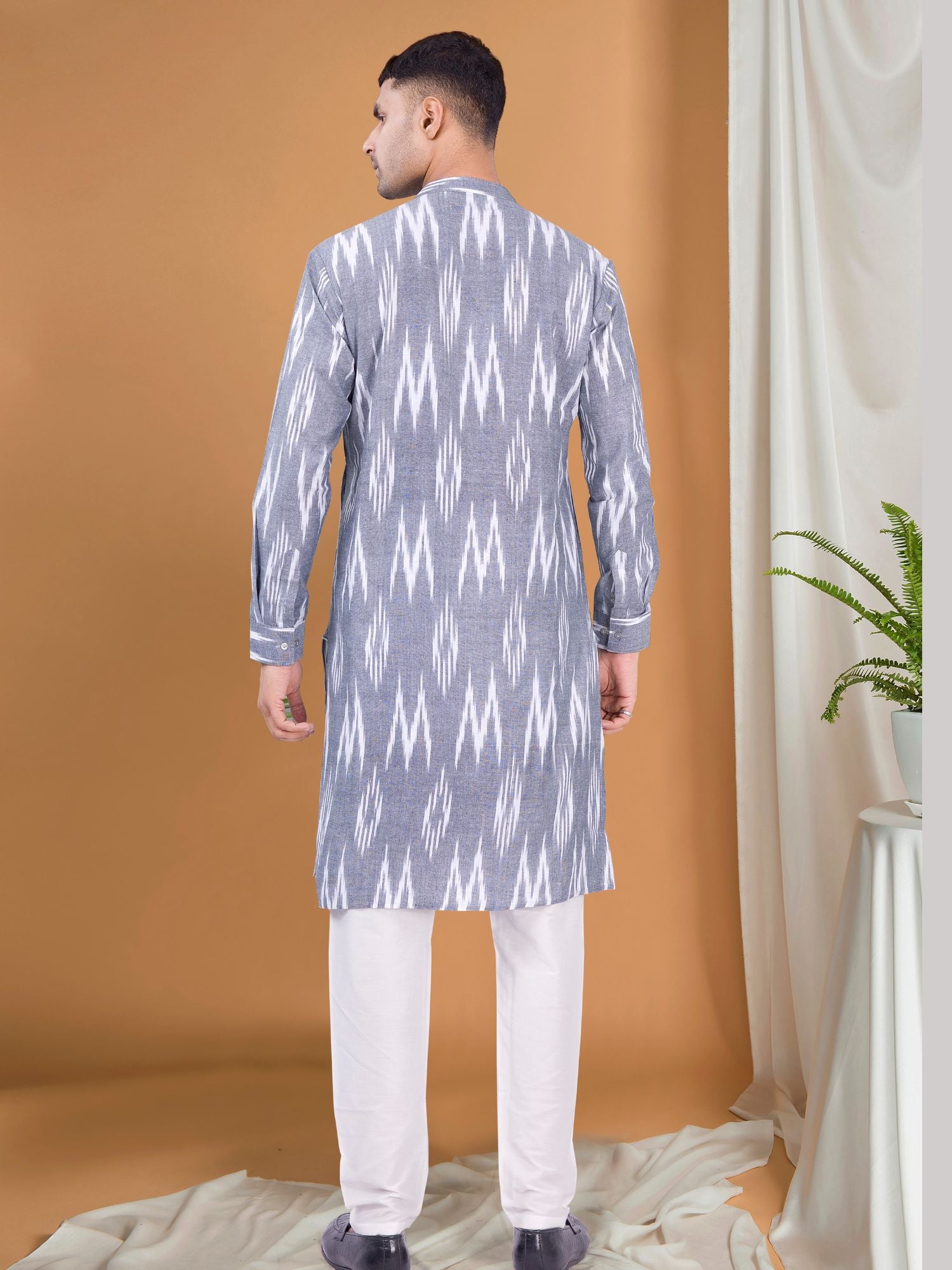 Metal Grey Ikat Print Cotton Kurta